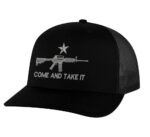Classic AR-15 Trucker Hat with embroidered AR-15 and 'Come and Take It' design, breathable mesh back, and adjustable snapback cap