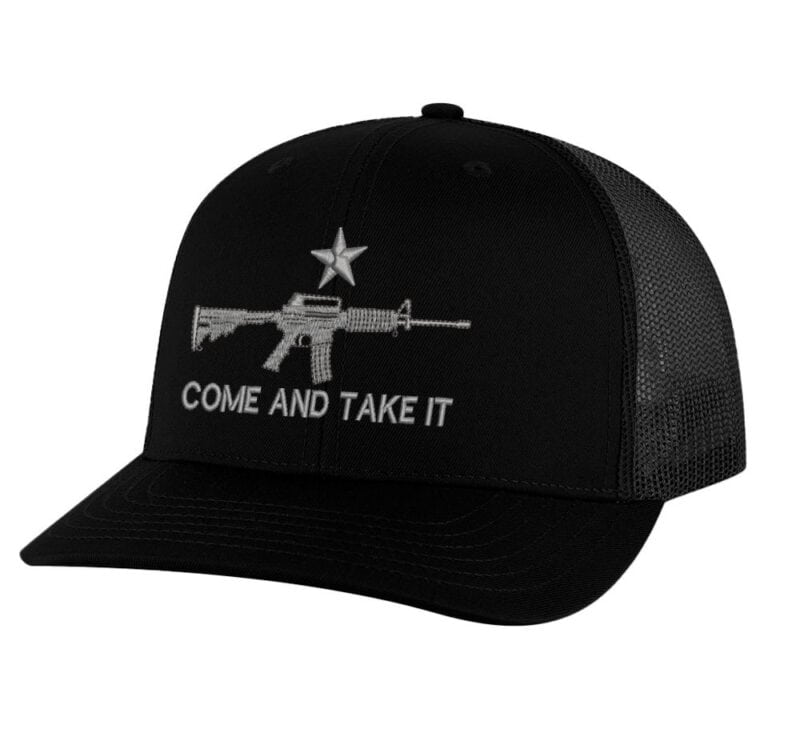 Classic AR-15 Trucker Hat with embroidered AR-15 and 'Come and Take It' design, breathable mesh back, and adjustable snapback cap