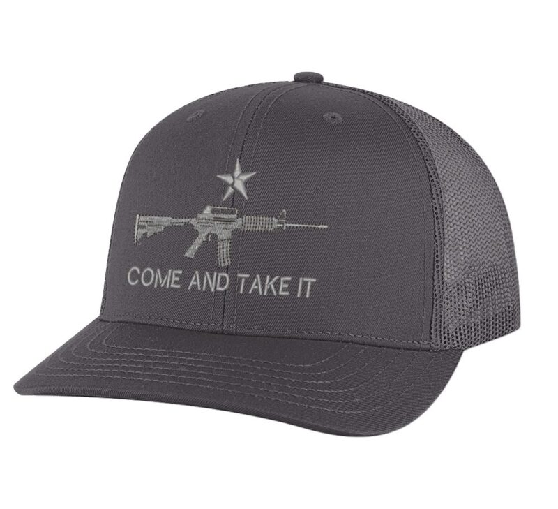Classic AR-15 Trucker Hat with embroidered AR-15 and 'Come and Take It' design, breathable mesh back, and adjustable snapback cap