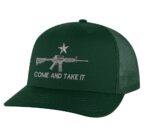 Classic AR-15 Trucker Hat with embroidered AR-15 and 'Come and Take It' design, breathable mesh back, and adjustable snapback cap