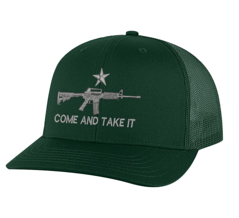 Classic AR-15 Trucker Hat with embroidered AR-15 and 'Come and Take It' design, breathable mesh back, and adjustable snapback cap