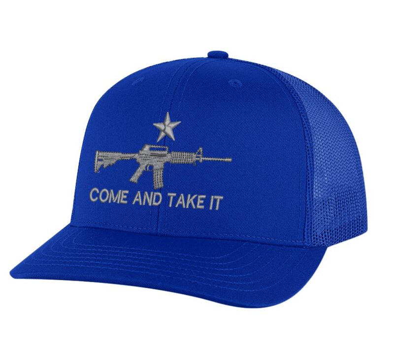 Classic AR-15 Trucker Hat with embroidered AR-15 and 'Come and Take It' design, breathable mesh back, and adjustable snapback cap