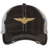 Distressed Navy Aviator Trucker Hat with gold embroidered pilot wings, rugged distressed finish, and breathable mesh back, adjustable strapback cap