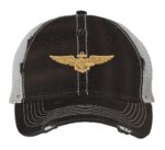Aviation trucker hat with distressed navy finish, gold embroidered pilot wings, mesh back and adjustable strapback closure