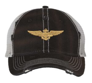 Aviation trucker hat with distressed navy finish, gold embroidered pilot wings, mesh back and adjustable strapback closure