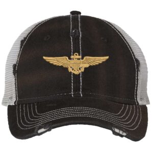 Distressed Navy Aviator Trucker Hat with gold embroidered pilot wings, rugged distressed finish, and breathable mesh back, adjustable strapback cap