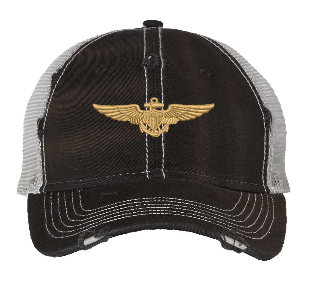 Aviation trucker hat with distressed navy finish, gold embroidered pilot wings, mesh back and adjustable strapback closure