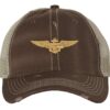 Distressed Navy Aviator Trucker Hat with gold embroidered pilot wings, rugged distressed finish, and breathable mesh back, adjustable strapback cap