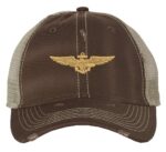 Distressed Navy Aviator Trucker Hat with gold embroidered pilot wings, rugged distressed finish, and breathable mesh back, adjustable strapback cap