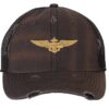 Distressed Navy Aviator Trucker Hat with gold embroidered pilot wings, rugged distressed finish, and breathable mesh back, adjustable strapback cap