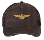 Distressed Navy Aviator Trucker Hat with gold embroidered pilot wings, rugged distressed finish, and breathable mesh back, adjustable strapback cap
