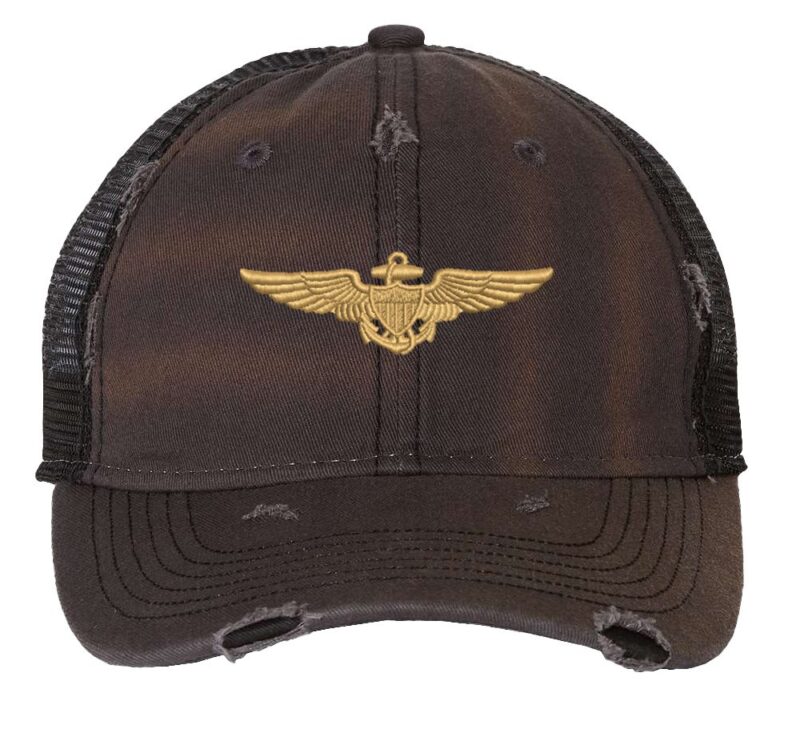 Distressed Navy Aviator Trucker Hat with gold embroidered pilot wings, rugged distressed finish, and breathable mesh back, adjustable strapback cap