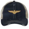 Distressed Navy Aviator Trucker Hat with gold embroidered pilot wings, rugged distressed finish, and breathable mesh back, adjustable strapback cap