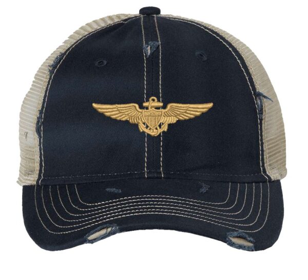 Distressed Navy Aviator Trucker Hat with gold embroidered pilot wings, rugged distressed finish, and breathable mesh back, adjustable strapback cap