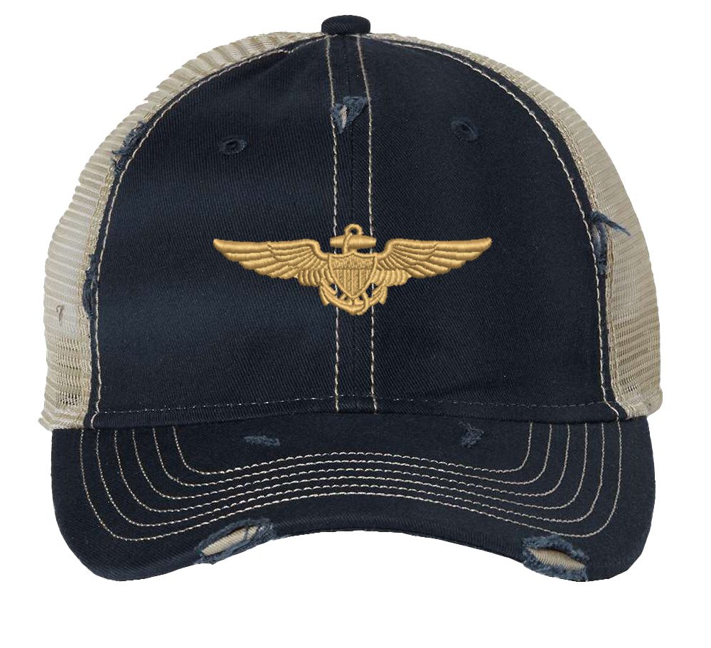 Distressed Navy Aviator Trucker Hat with gold embroidered pilot wings, rugged distressed finish, and breathable mesh back, adjustable strapback cap