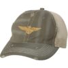 Distressed Navy Aviator Trucker Hat with gold embroidered pilot wings, rugged distressed finish, and breathable mesh back, adjustable strapback cap
