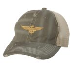 Distressed Navy Aviator Trucker Hat with gold embroidered pilot wings, rugged distressed finish, and breathable mesh back, adjustable strapback cap