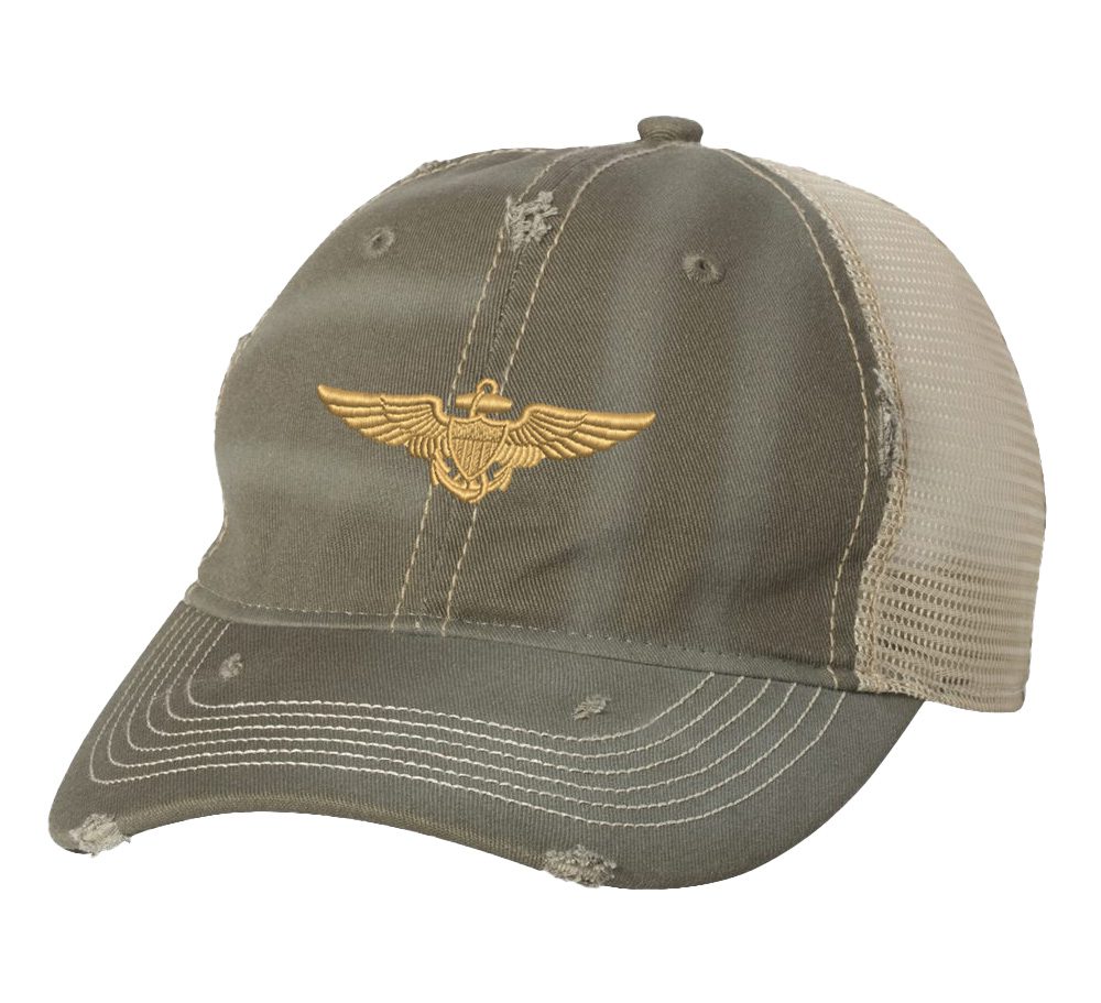 Distressed Navy Aviator Trucker Hat with gold embroidered pilot wings, rugged distressed finish, and breathable mesh back, adjustable strapback cap