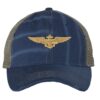 Distressed Navy Aviator Trucker Hat with gold embroidered pilot wings, rugged distressed finish, and breathable mesh back, adjustable strapback cap