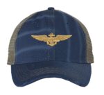 Distressed Navy Aviator Trucker Hat with gold embroidered pilot wings, rugged distressed finish, and breathable mesh back, adjustable strapback cap