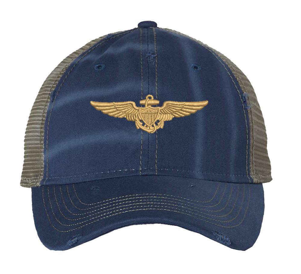 Distressed Navy Aviator Trucker Hat with gold embroidered pilot wings, rugged distressed finish, and breathable mesh back, adjustable strapback cap