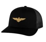 Aviation trucker hat in navy with gold embroidered pilot wings, mesh back and adjustable snapback closure