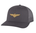 Classic Navy Aviator Trucker Hat with gold embroidered pilot wings, breathable mesh back, and adjustable snapback cap