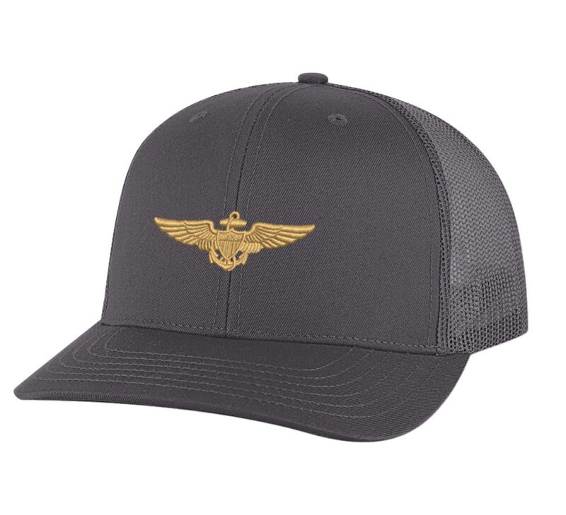 Classic Navy Aviator Trucker Hat with gold embroidered pilot wings, breathable mesh back, and adjustable snapback cap