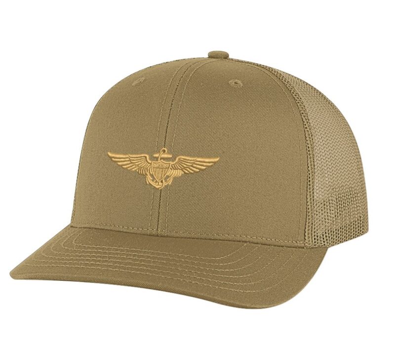 Classic Navy Aviator Trucker Hat with gold embroidered pilot wings, breathable mesh back, and adjustable snapback cap