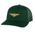 Classic Navy Aviator Trucker Hat with gold embroidered pilot wings, breathable mesh back, and adjustable snapback cap