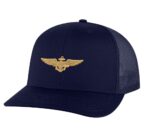 Classic Navy Aviator Trucker Hat with gold embroidered pilot wings, breathable mesh back, and adjustable snapback cap