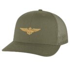 Classic Navy Aviator Trucker Hat with gold embroidered pilot wings, breathable mesh back, and adjustable snapback cap