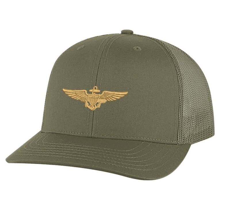 Classic Navy Aviator Trucker Hat with gold embroidered pilot wings, breathable mesh back, and adjustable snapback cap