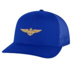 Classic Navy Aviator Trucker Hat with gold embroidered pilot wings, breathable mesh back, and adjustable snapback cap