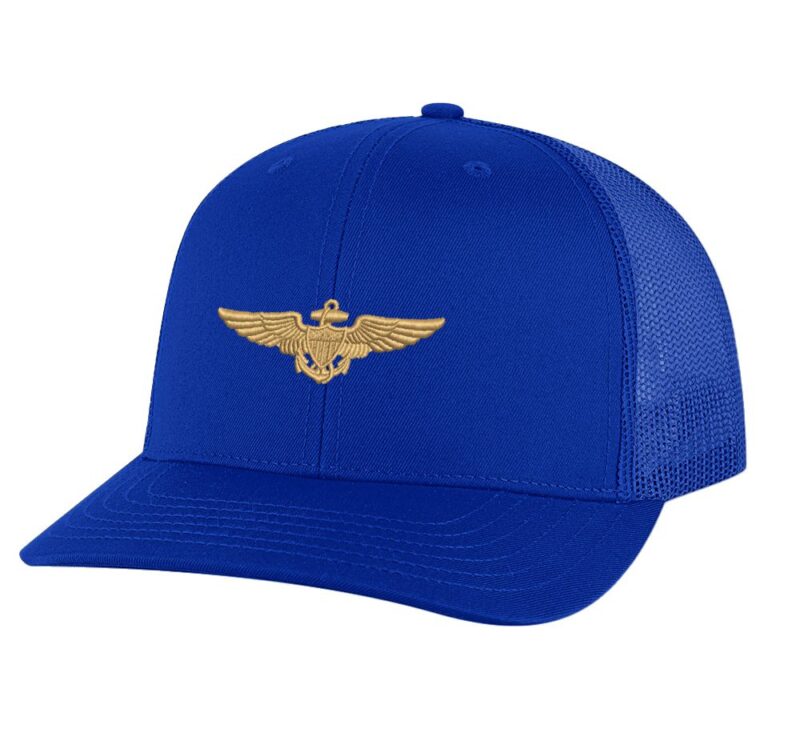 Classic Navy Aviator Trucker Hat with gold embroidered pilot wings, breathable mesh back, and adjustable snapback cap