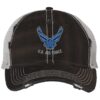 Distressed US Air Force Trucker Hat with embroidered Air Force logo, rugged distressed finish, and breathable mesh back, adjustable strapback cap