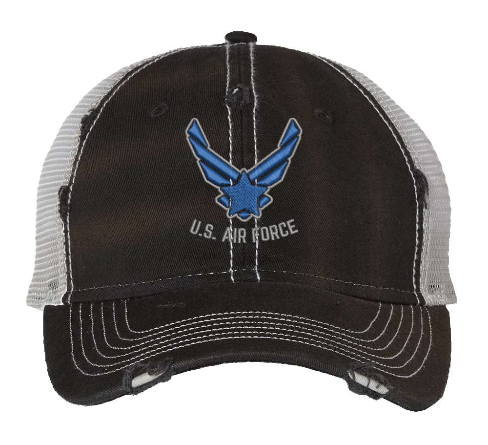 Distressed US Air Force Trucker Hat with embroidered Air Force logo, rugged distressed finish, and breathable mesh back, adjustable strapback cap