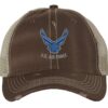 Distressed US Air Force Trucker Hat with embroidered Air Force logo, rugged distressed finish, and breathable mesh back, adjustable strapback cap