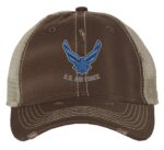 Distressed US Air Force Trucker Hat with embroidered Air Force logo, rugged distressed finish, and breathable mesh back, adjustable strapback cap
