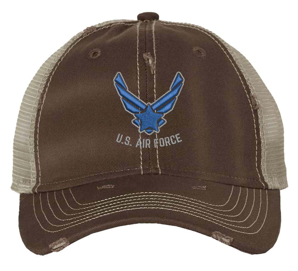 Distressed US Air Force Trucker Hat with embroidered Air Force logo, rugged distressed finish, and breathable mesh back, adjustable strapback cap