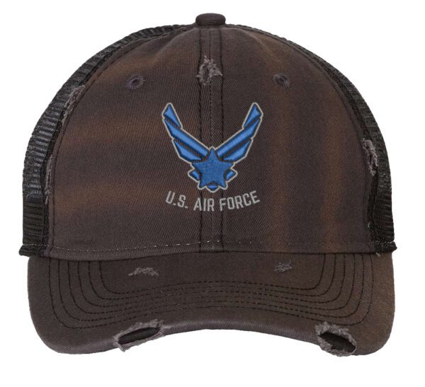 Distressed US Air Force Trucker Hat with embroidered Air Force logo, rugged distressed finish, and breathable mesh back, adjustable strapback cap