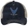 Distressed US Air Force Trucker Hat with embroidered Air Force logo, rugged distressed finish, and breathable mesh back, adjustable strapback cap