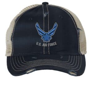 Vintage military cap with distressed US Air Force logo, weathered finish, mesh back and adjustable strapback closure