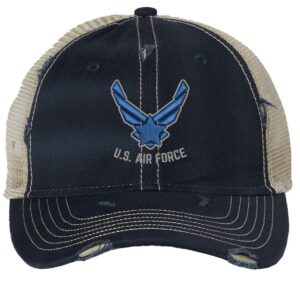 Distressed US Air Force Trucker Hat with embroidered Air Force logo, rugged distressed finish, and breathable mesh back, adjustable strapback cap