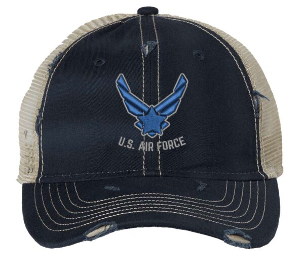 Distressed US Air Force Trucker Hat with embroidered Air Force logo, rugged distressed finish, and breathable mesh back, adjustable strapback cap