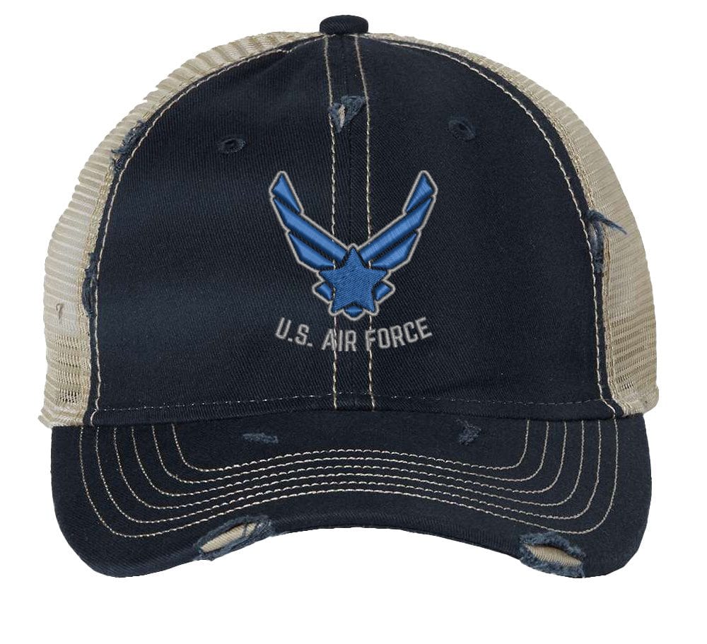 Vintage military cap with distressed US Air Force logo, weathered finish, mesh back and adjustable strapback closure