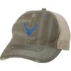 Distressed US Air Force Trucker Hat with embroidered Air Force logo, rugged distressed finish, and breathable mesh back, adjustable strapback cap