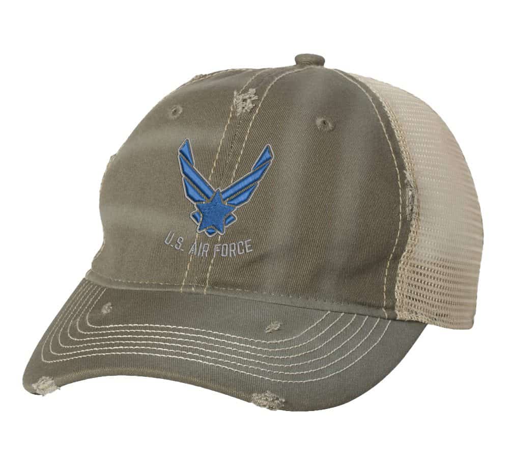 Distressed US Air Force Trucker Hat with embroidered Air Force logo, rugged distressed finish, and breathable mesh back, adjustable strapback cap