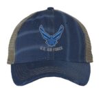 Distressed US Air Force Trucker Hat with embroidered Air Force logo, rugged distressed finish, and breathable mesh back, adjustable strapback cap