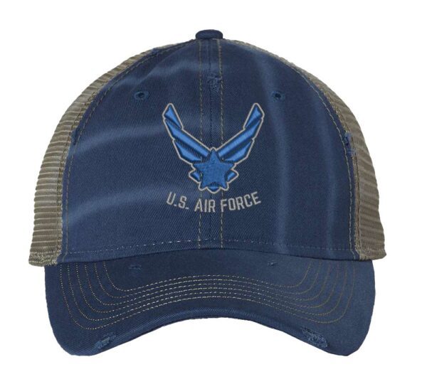 Distressed US Air Force Trucker Hat with embroidered Air Force logo, rugged distressed finish, and breathable mesh back, adjustable strapback cap